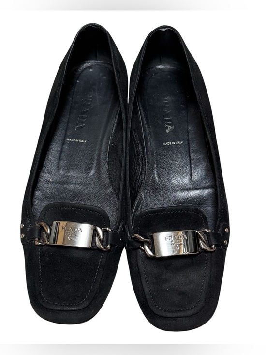 Prada Shoes - Prada Black Suede Leather Loafer Flats Size 37 US 7 Silver Hardware